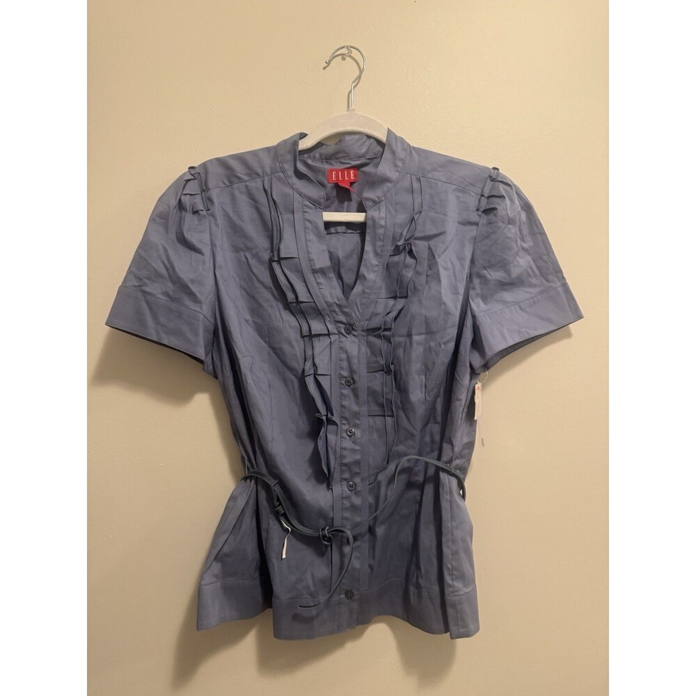 NWT Elle Blouse Womens Large Blue Short Sleeve  Waist With Thin Belt
